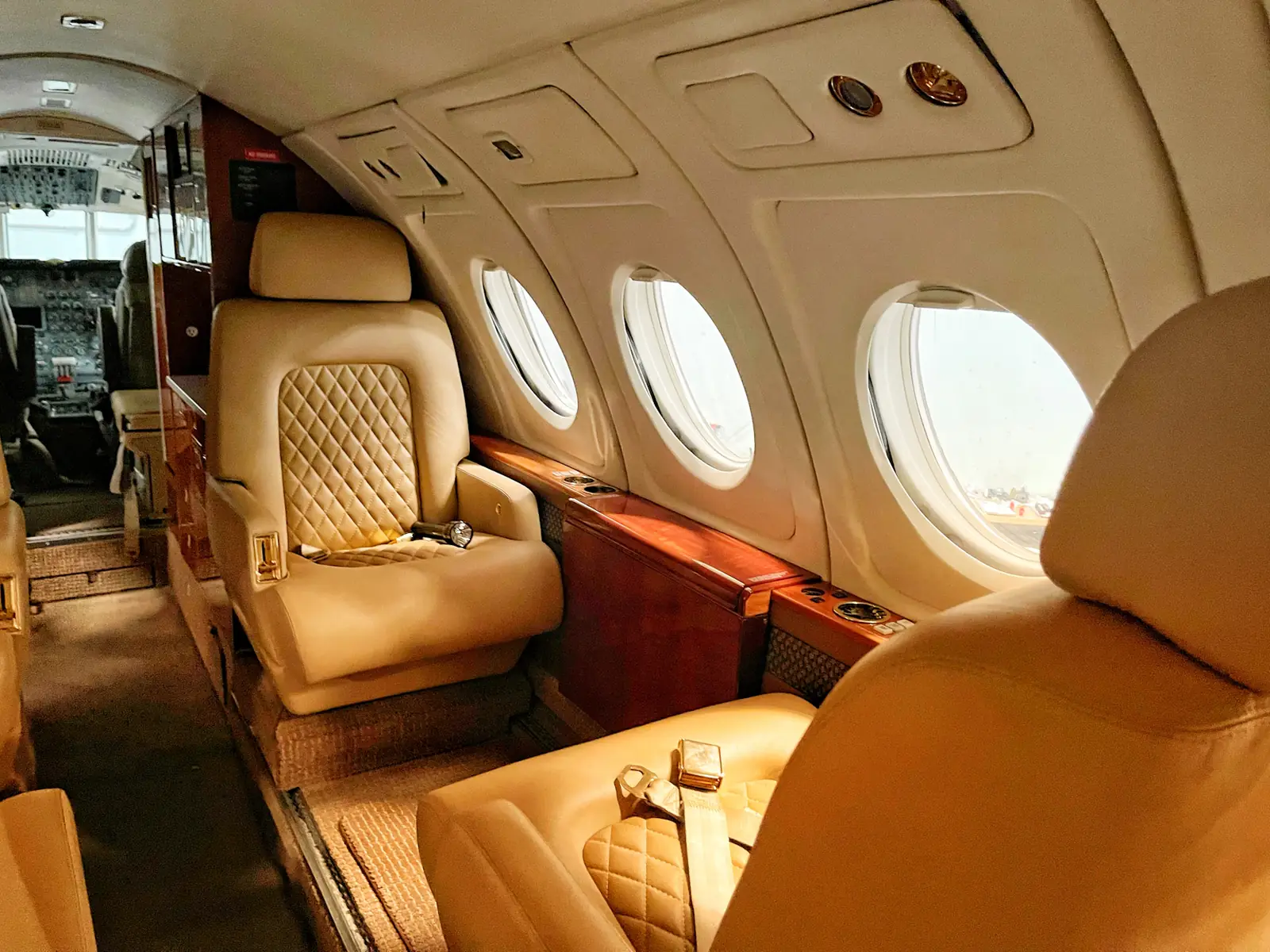 The leather seats and oval windows of a private jet cabin