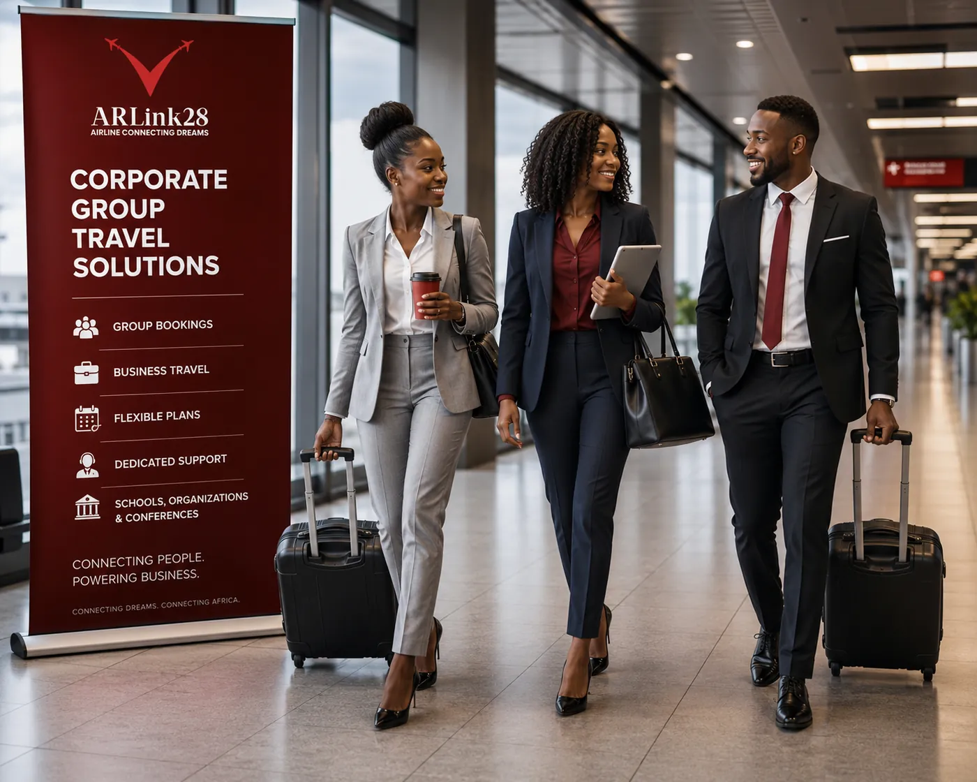 Three colleagues walking through an airport with luggage beside an ARLink28 banner