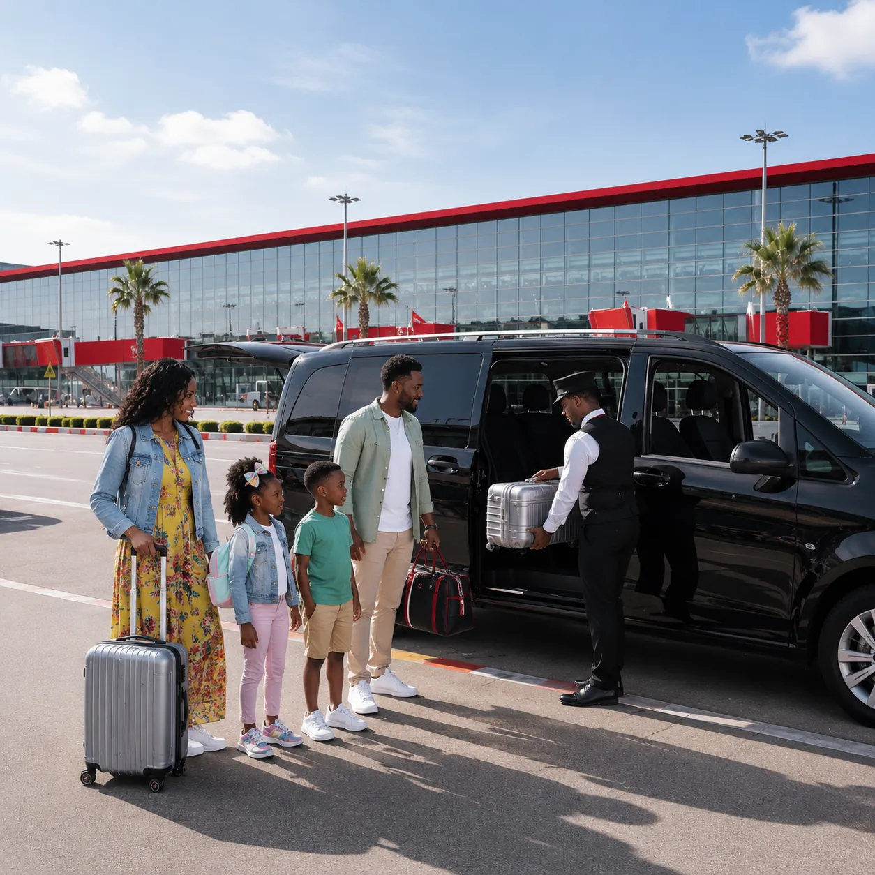 A family loading luggage into a black van at an airport